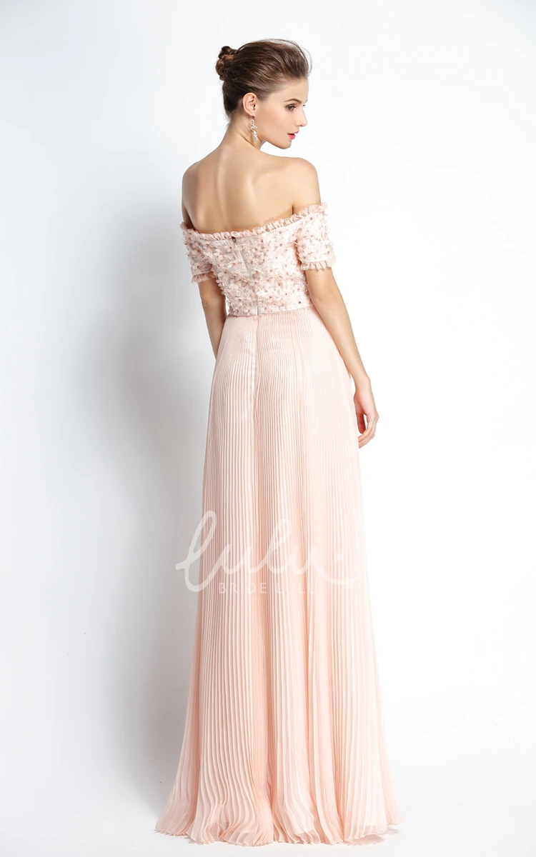 A-Line Off-the-shoulder Chiffon Prom Dress with Beading Knee-length Short Sleeve