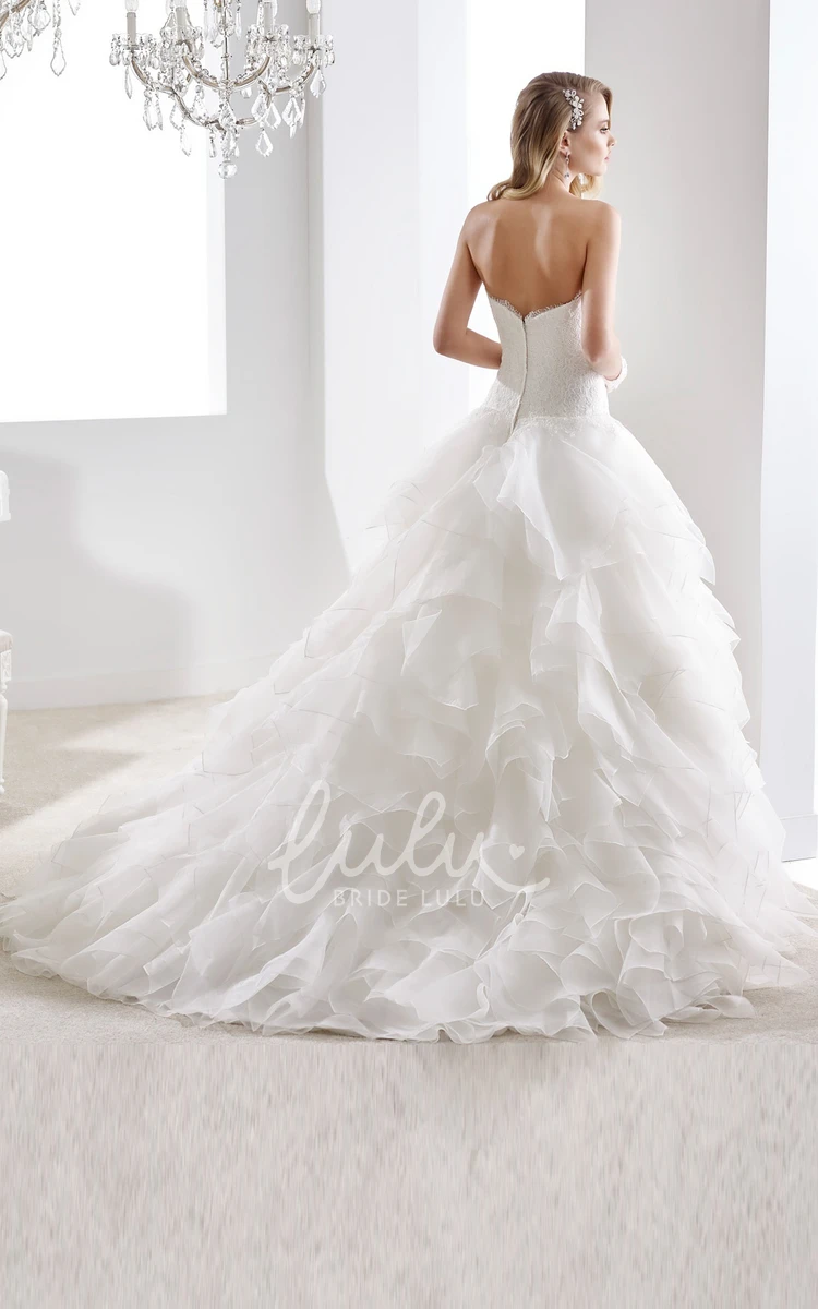 A-Line Wedding Dress with Ruching Cascading Ruffles and Lace Bodice Sweetheart