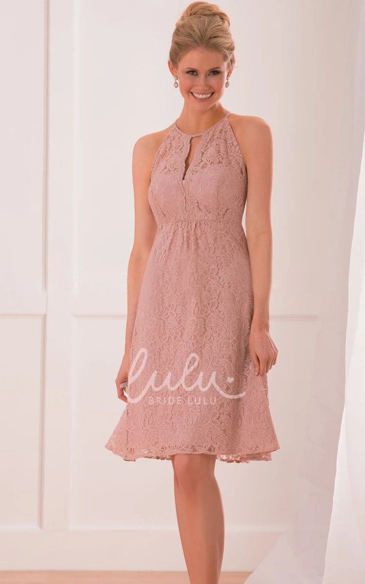 Knee-Length Lace Bridesmaid Dress with High Neck and Keyhole