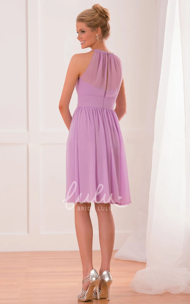 Knee-Length A-Line Bridesmaid Dress with Jeweled High Neck and Pleats