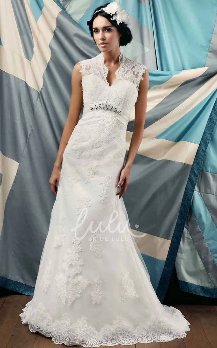 Floor-Length Sheath Lace Wedding Dress with Appliques & Waist Jewelry