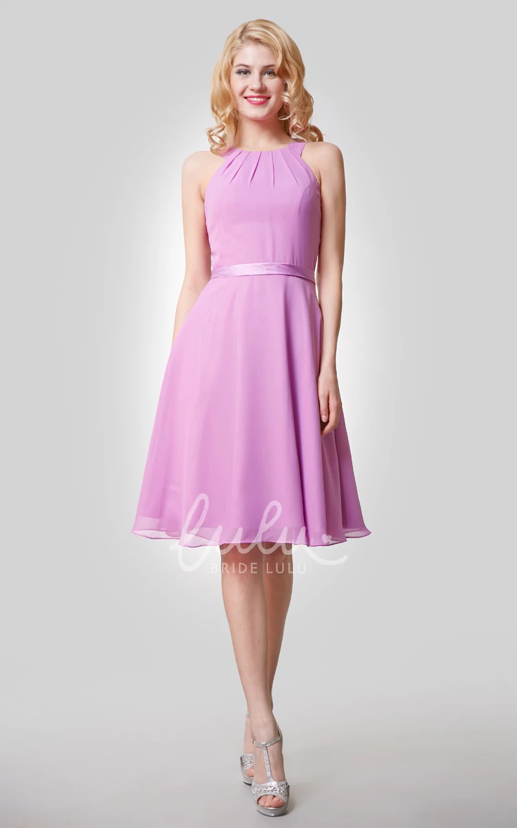 Knee Length A-Line Chiffon Dress with Straps and Satin Bow Sash for Women