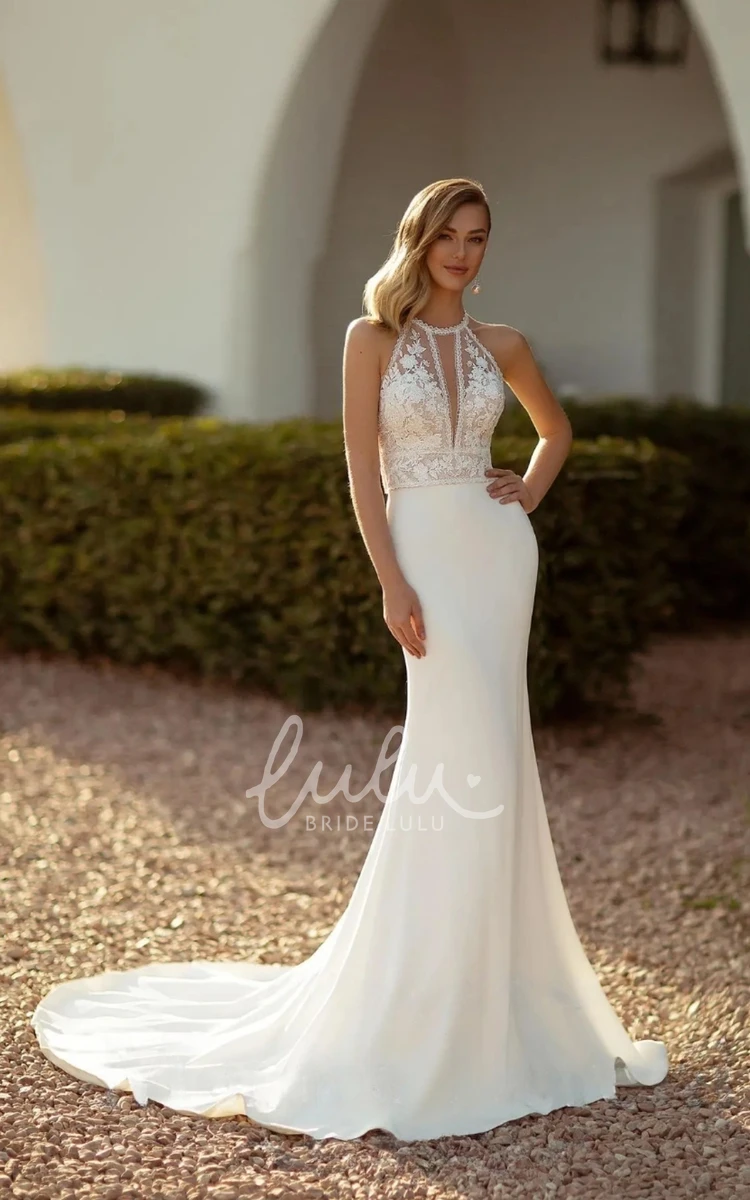 Mermaid Bridal Gown Halter Sleeveless Sweep Train with Elegant Button Back