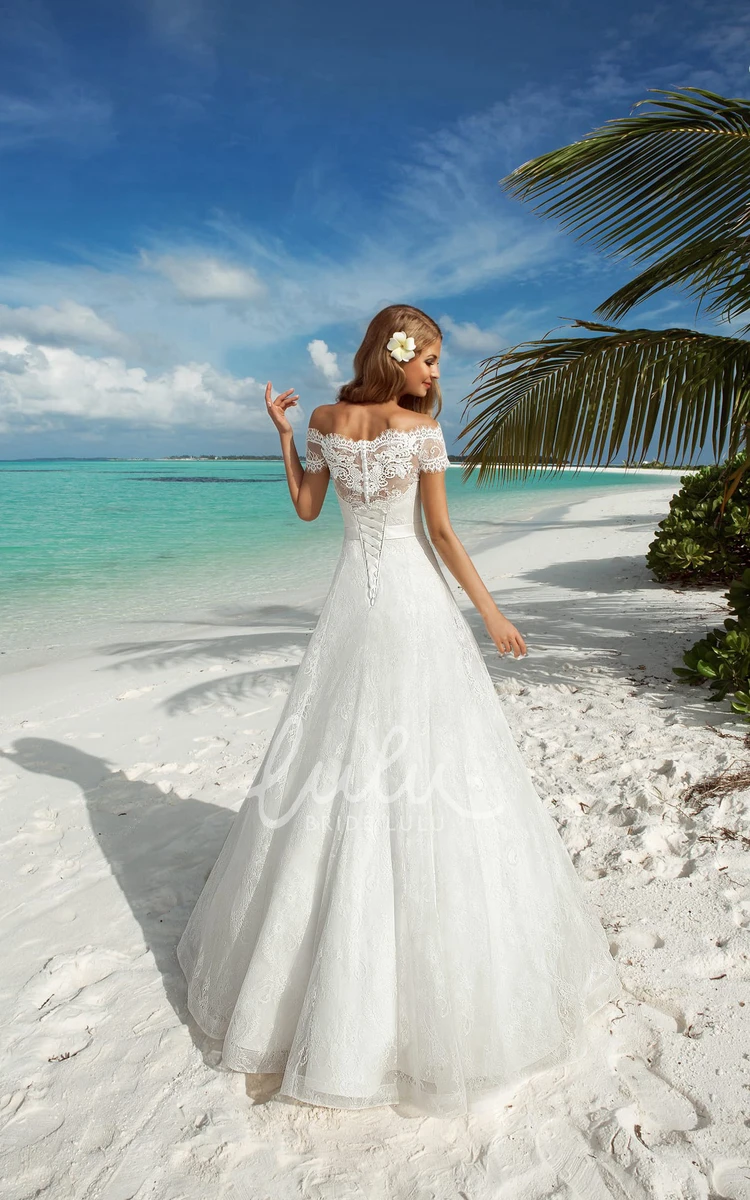 Off-Shoulder Lace A-Line Wedding Dress with Bow and Sash