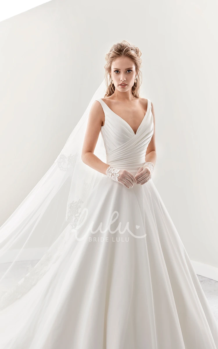 A-Line V-Neck Pleated Wedding Dress with Low-V Back and Brush Train