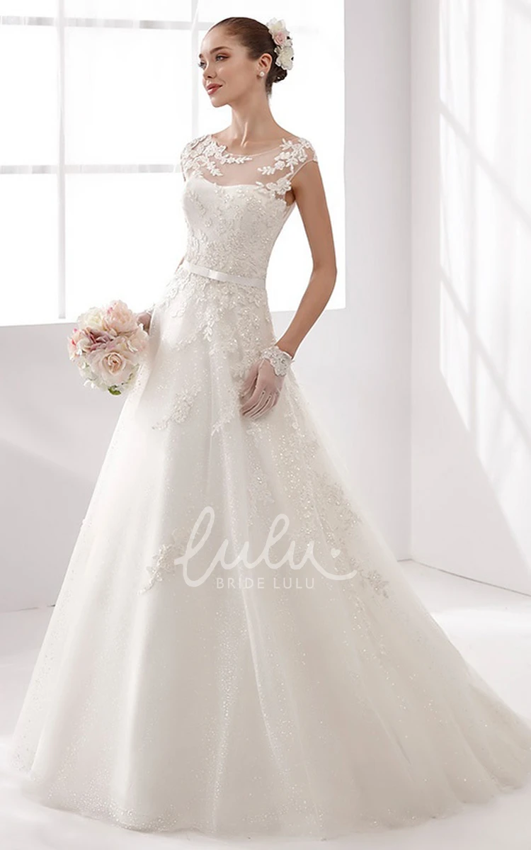 Illusive Neckline A-line Wedding Gown Jewel-Neck and Open Back