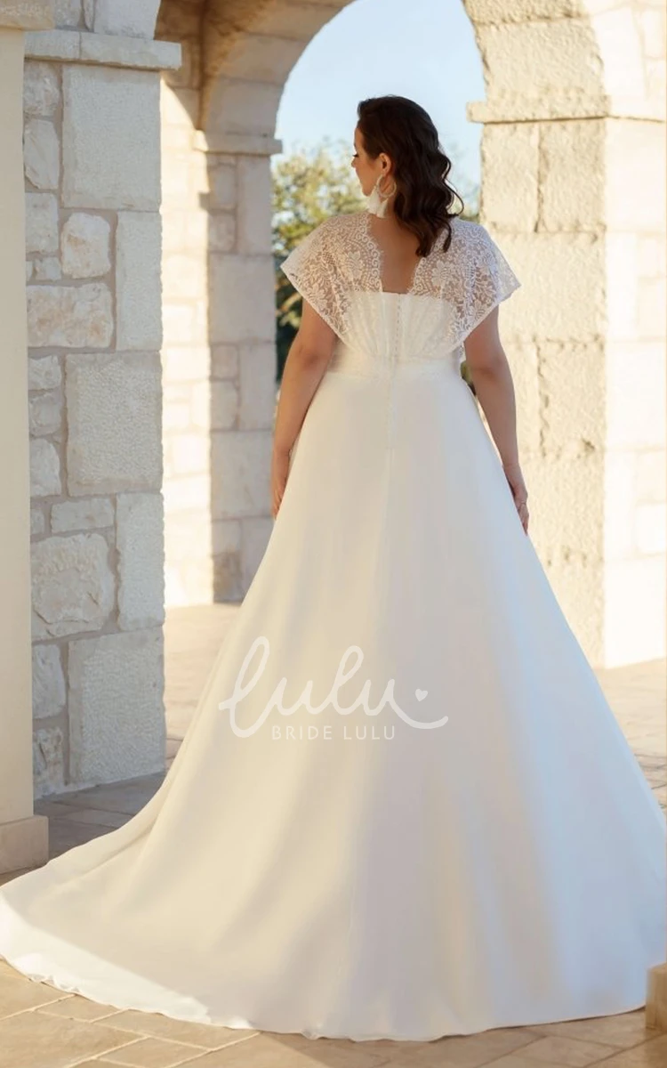 Romantic Plus Size A-Line Chiffon Wedding Dress with Lace Cape Sleeves for Romantic Outdoor Ceremony