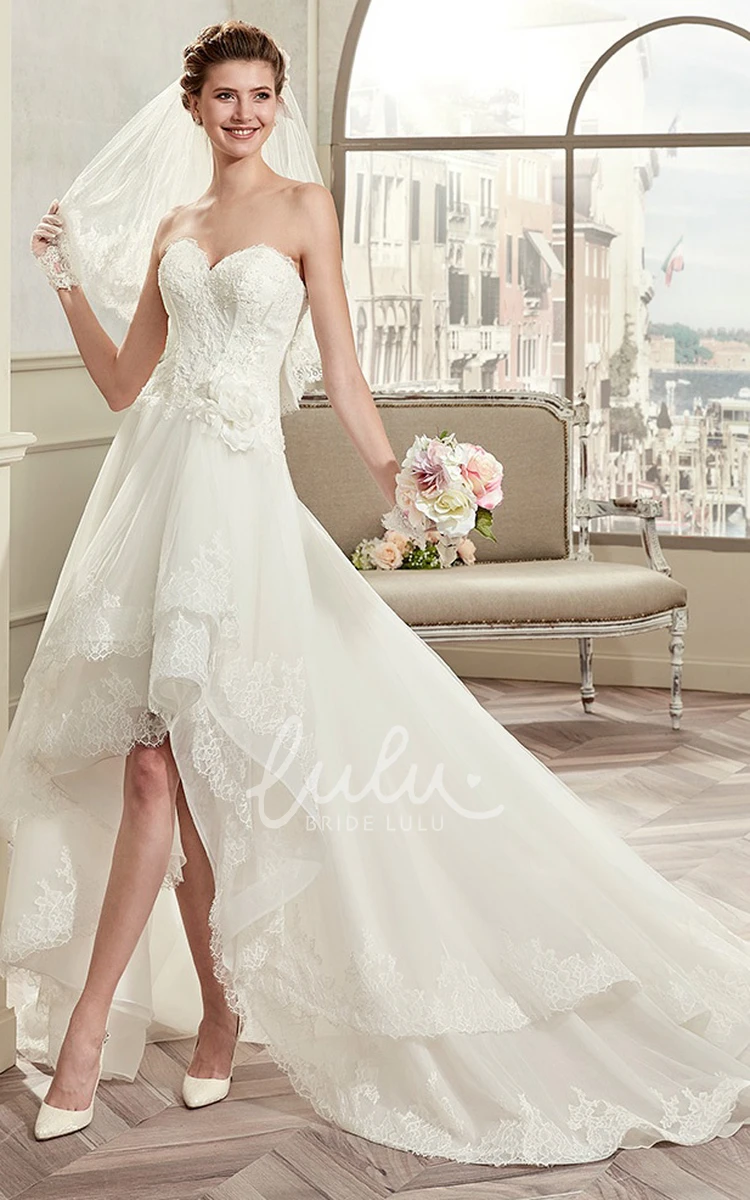 High-low Wedding Dress with Lace Corset and Brush Train Sweetheart Bridal Gown
