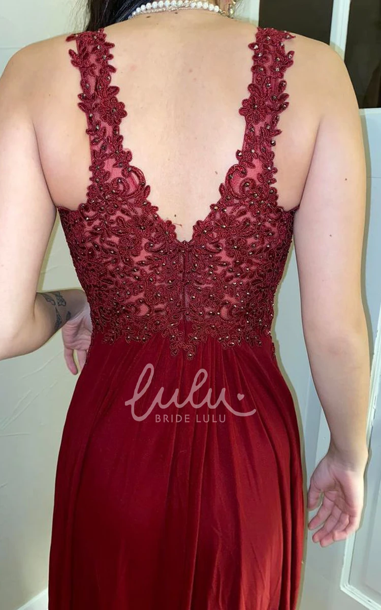 Lace V-neck A-Line Prom Dress with Open Back and Appliques Casual Formal Dress