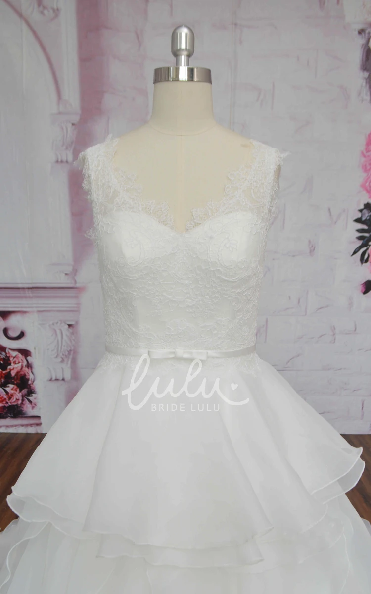 Lace Ruffle Organza Wedding Dress with V-Back and Bow Cute Ballgown