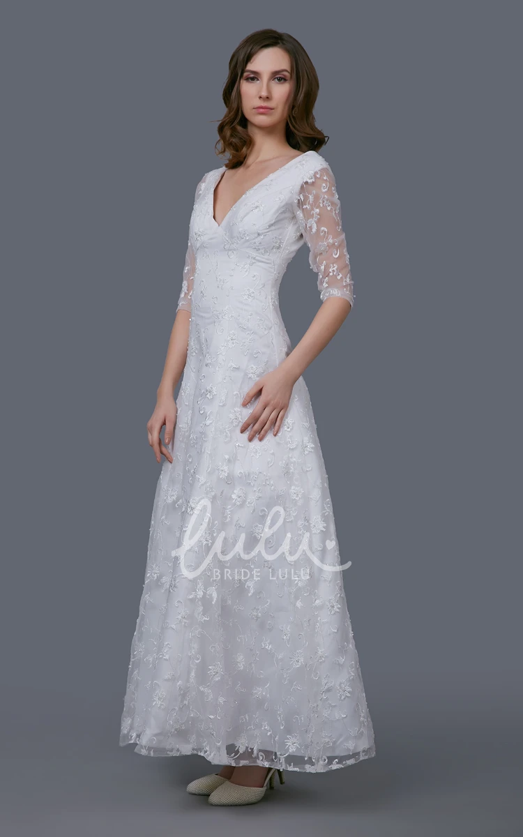 V-neckline Tea Length Gown with Illusion Sleeve and Embroidery Modern Wedding Dress