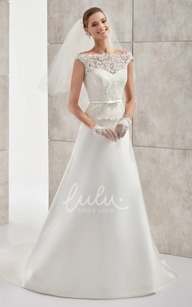 Lace Bodice Satin Wedding Dress with Cap-Sleeves and Jewel-Neckline