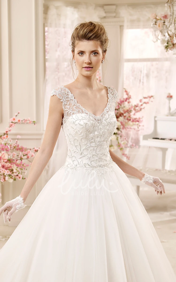 A-line Lace Wedding Gown with Cap Sleeves and Keyhole Back Classic Wedding Dress