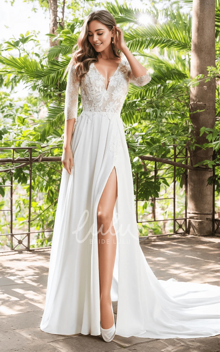 Vintage Ethereal A-Line V-neck Long Sleeve Chiffon Lace Wedding Dress Sexy Elegant Floor-length Split Front Backless Button Back Appliques Bridal Gown