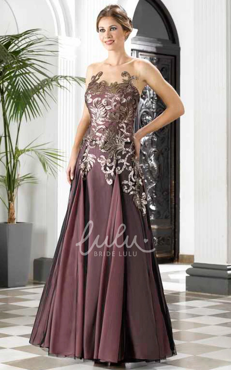 A-Line Sleeveless Appliqued Prom Dress with Deep-V Back Maxi Formal Dress