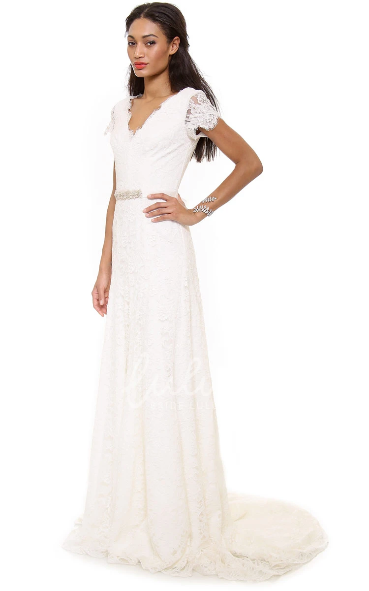 A-line Lace Sweep Floor Dress with Low-V Back Boho Wedding Dress