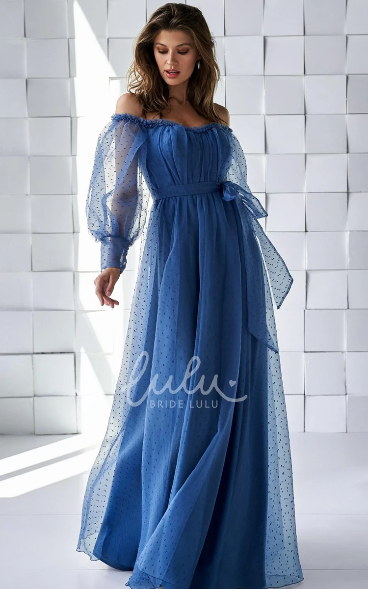 Off-the-shoulder Tulle Prom Dress with Ruching and Sash Ethereal A Line Prom Dress