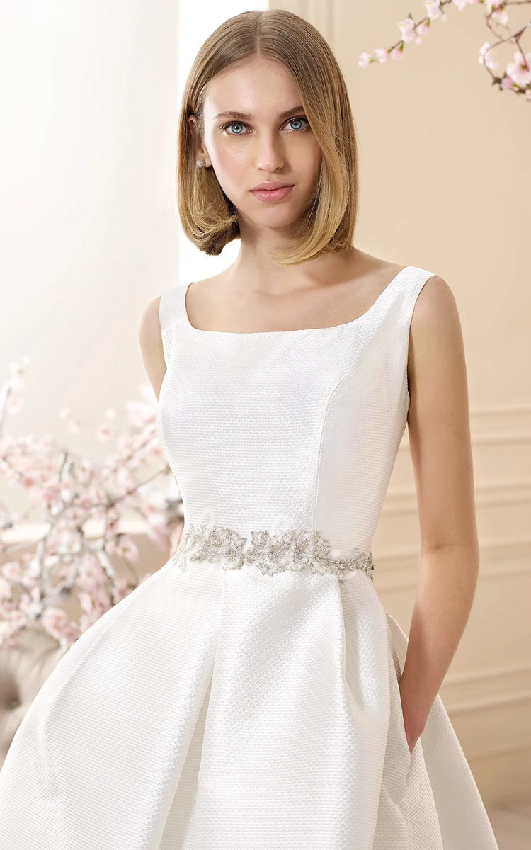 Jeweled Sleeveless Satin A-Line Wedding Dress with Square Neck