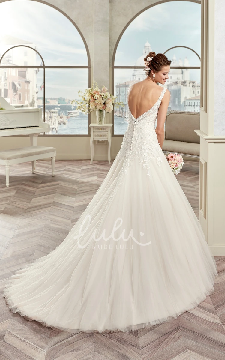 Cap-Sleeve A-Line Wedding Dress with V-Neck and Brush Train