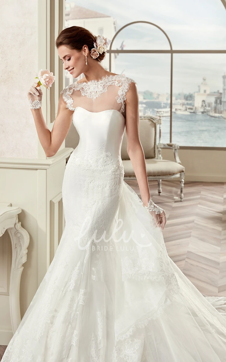 Cap Sleeve Mermaid Illusion Bridal Gown with Detachable Train