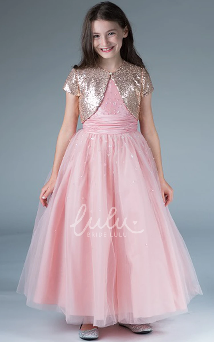 A-line Tulle Flower Girl Dress with Sequin Jacket Long Bridesmaid Dress