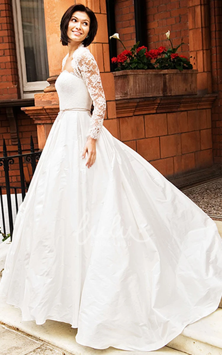 Illusion Long-Sleeve Taffeta Wedding Dress with Lace A-Line Bridal Gown