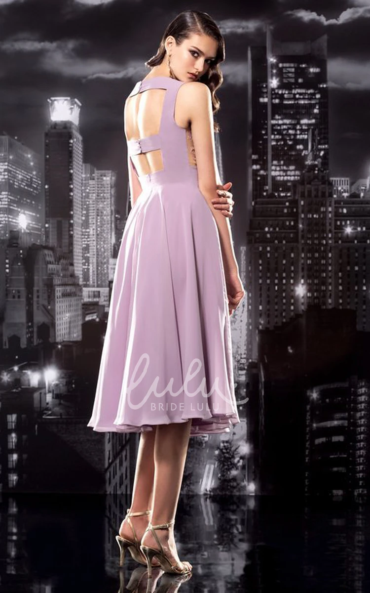 Tea-Length V-Neck Sleeveless A-Line Formal Dress with Appliques in Jersey Fabric