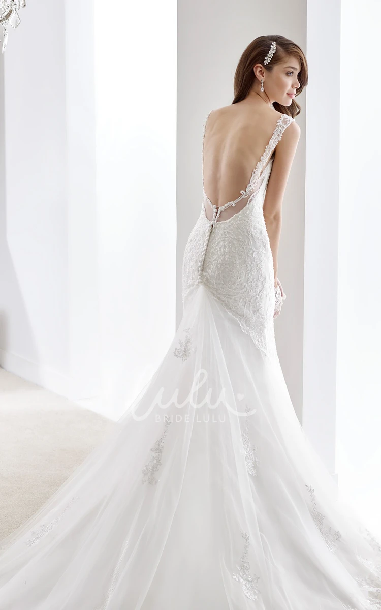 A-Line Pleated Lace Gown with Pearl Belt and Brush Train Pearl Belt A-Line Lace Wedding Dress