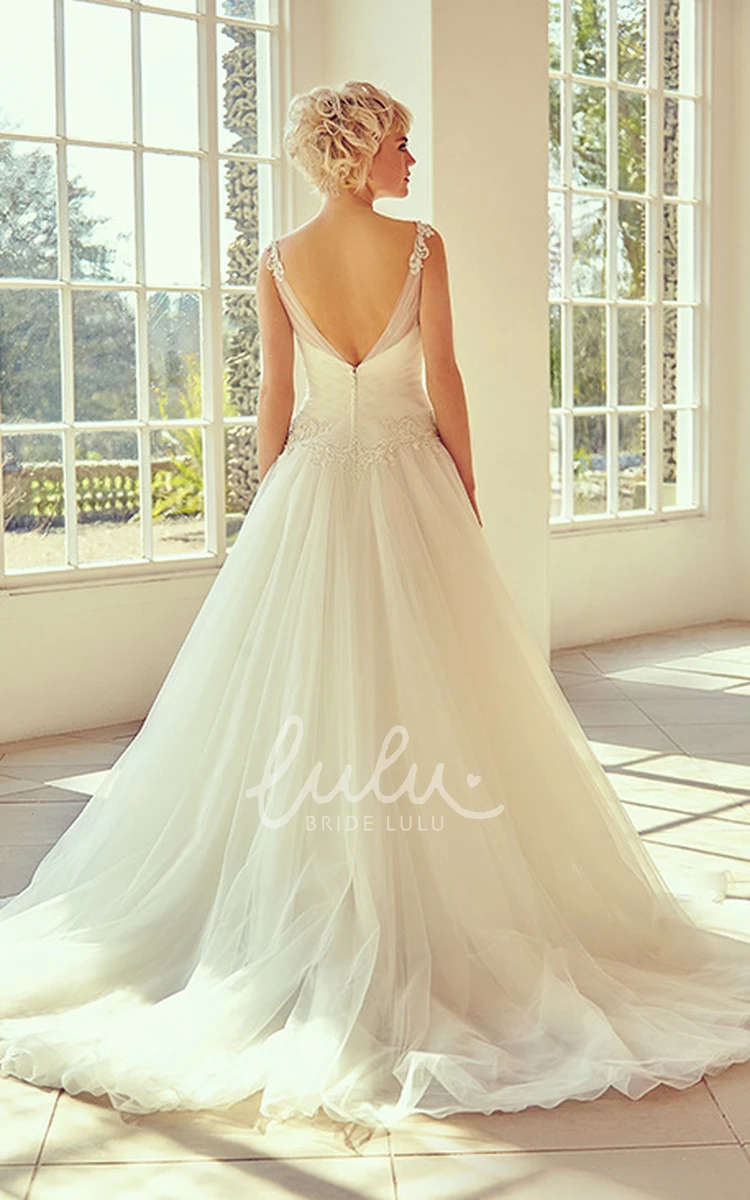 Maxi Tulle Wedding Dress with Appliques and Cap Sleeves Romantic Bridal Gown