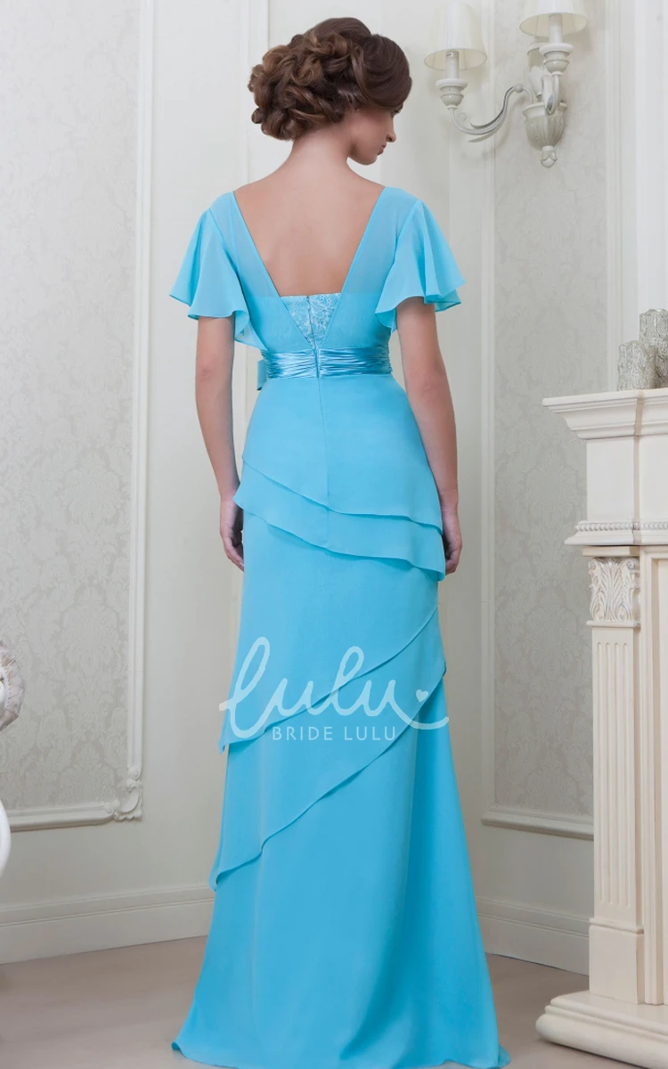 Floor-Length V-Neck Chiffon Bridesmaid Dress with Poet-Sleeves Bows and Tiers