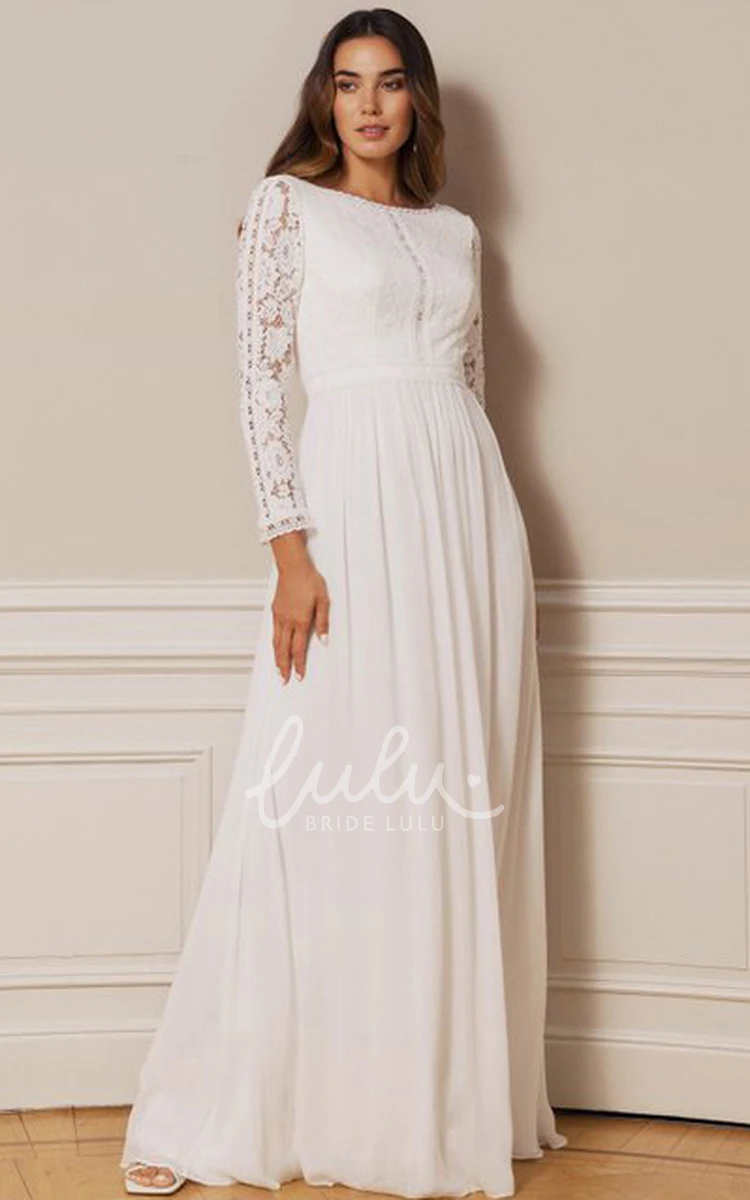 Long Sleeve Chiffon Lace A Line Wedding Dress with Deep-V Back and Bateau Neckline Boho and Romantic