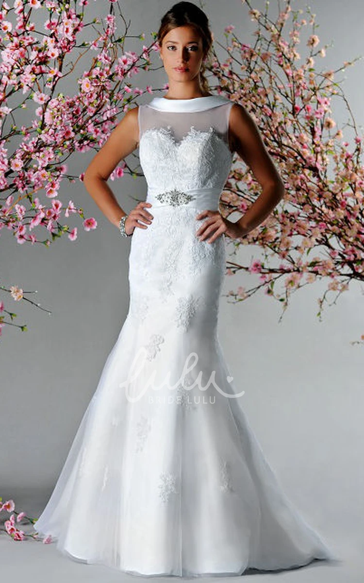 Crystal Applique Mermaid Bridal Gown with Satin Neckline and V-Back Modern Wedding Dress