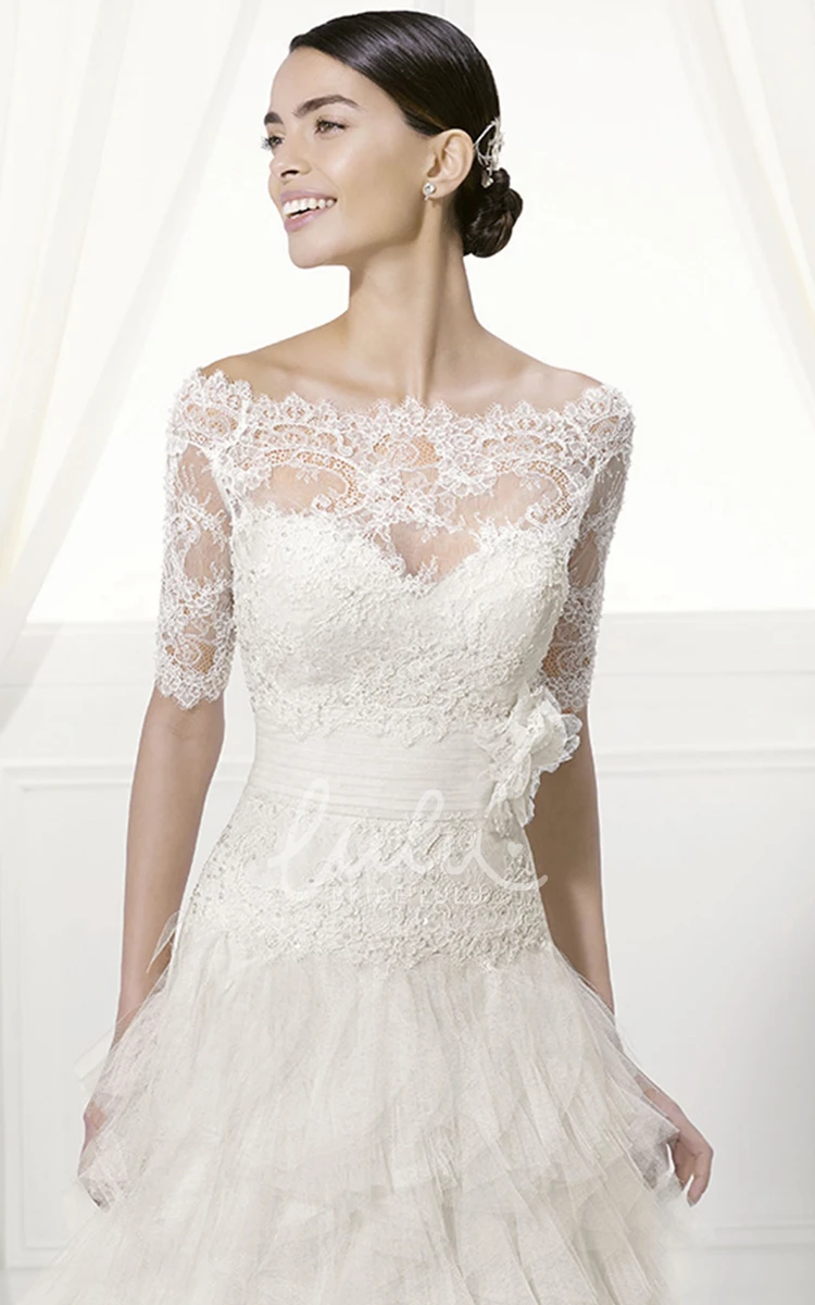 Lace Top Sweetheart Wedding Dress with Tiered Tulle Skirt and Removable Half Sleeves