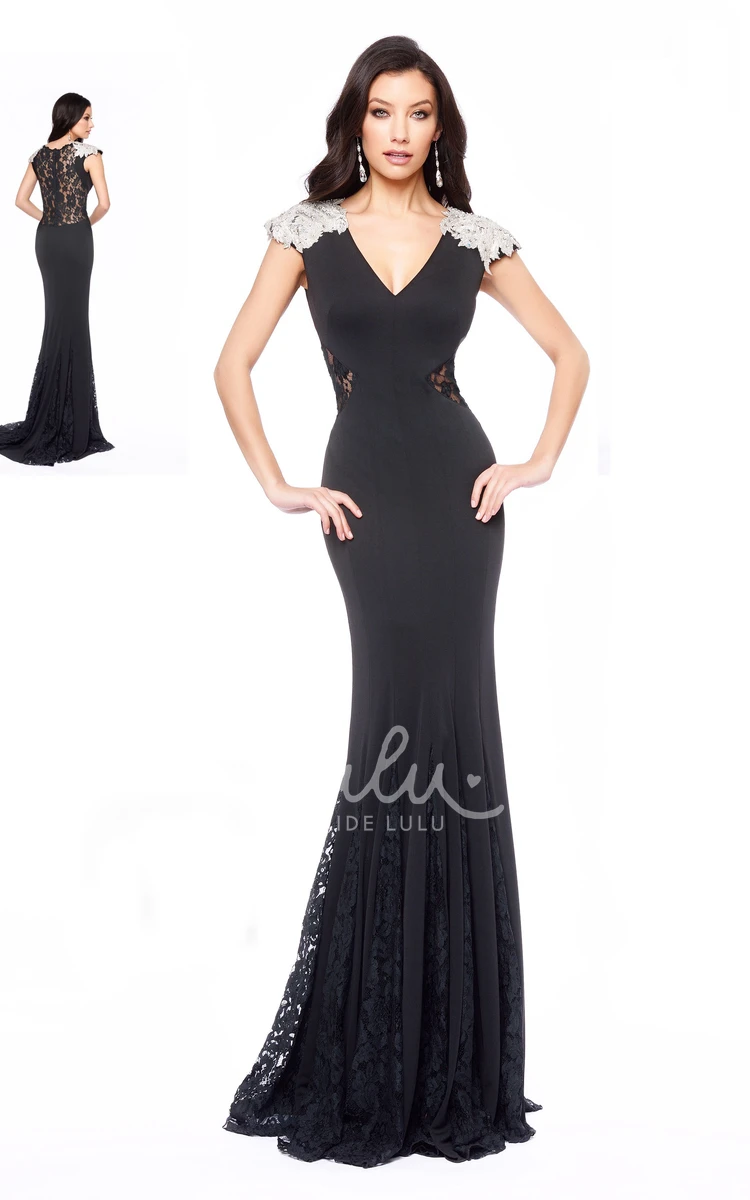 Lace Cap-Sleeve Sheath Formal Dress with V-Neck and Pleats