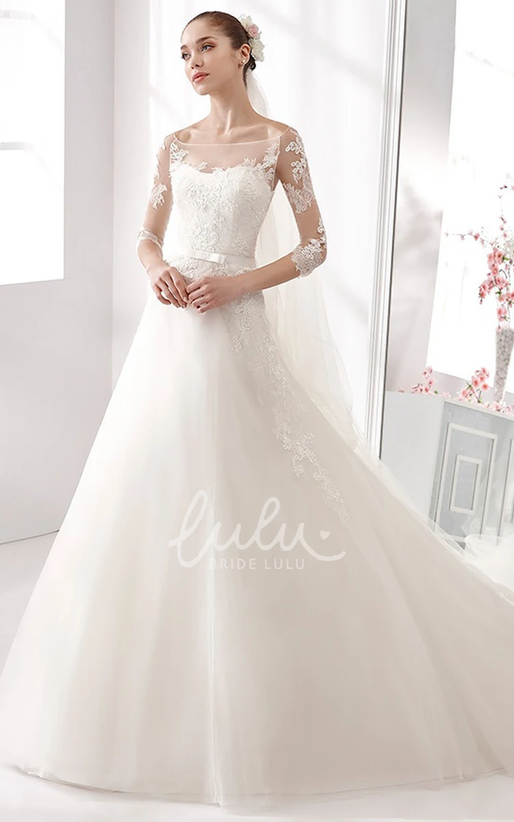 A-Line Wedding Dress with Satin Sash and Lace Bodice 3/4 Sleeves