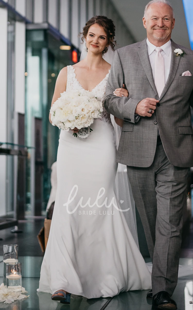 Casual V-Neck Lace Wedding Dress with Illusion Back