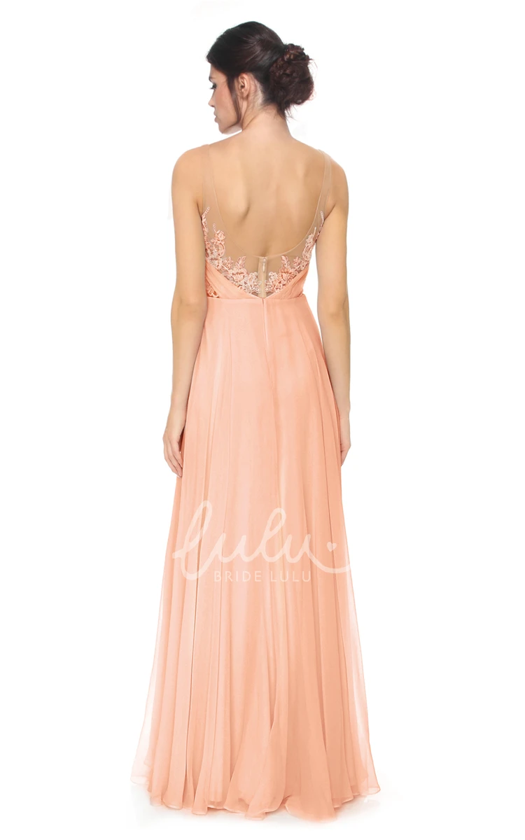 Tulle Appliqued Bridesmaid Dress with Low-V Back Sleeveless Scoop Neck