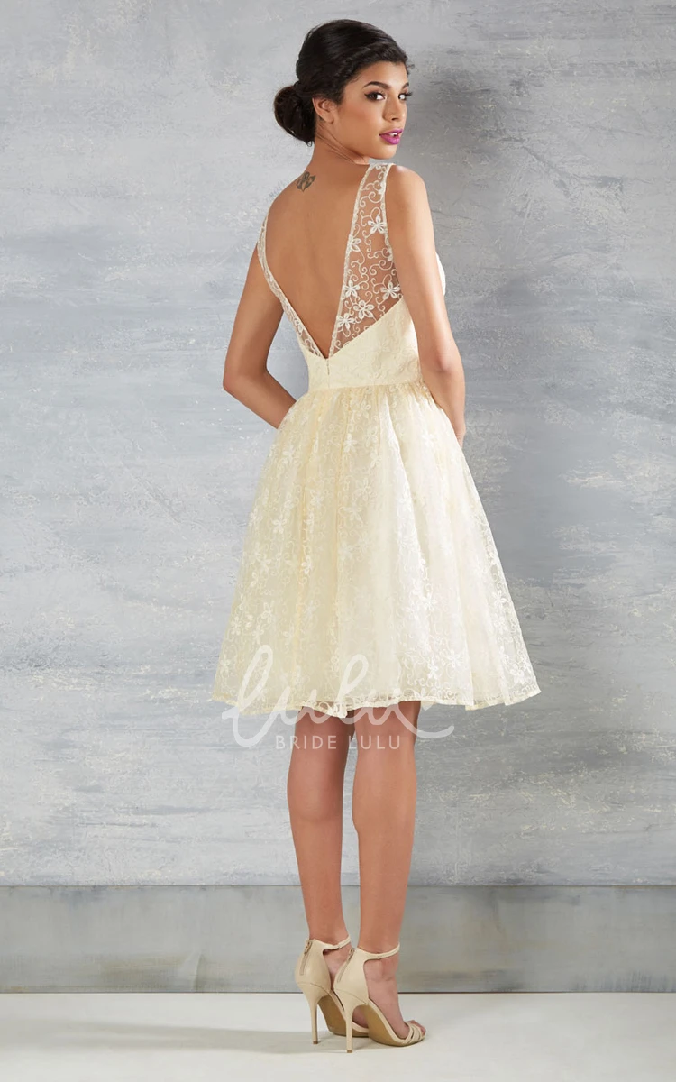 V-Neck Lace Wedding Dress with Back V Midi Length Bridal Gown