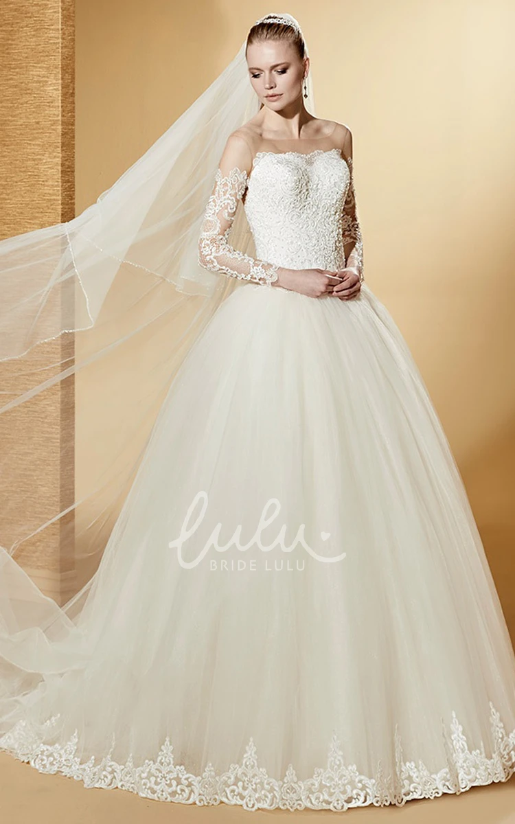 Long-Sleeve Lace Applique Bodice Ball Gown with Illusive Neckline Lovely and Classy