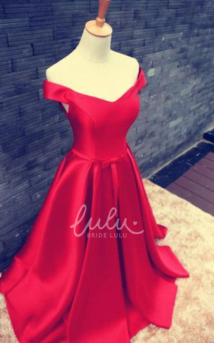 Red Off-the-Shoulder Prom Dress with Bowknot and Lace-up Elegant