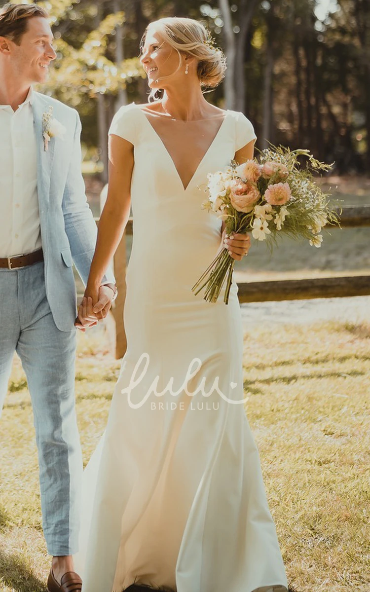 Mermaid Satin Lace Wedding Dress with V-Neckline Short Sleeves and Low-V Back