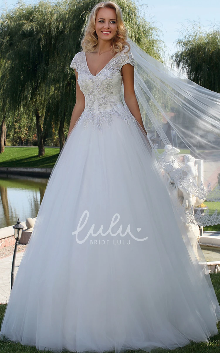 V-Neck Appliqued Tulle Wedding Dress Classy Ball Gown