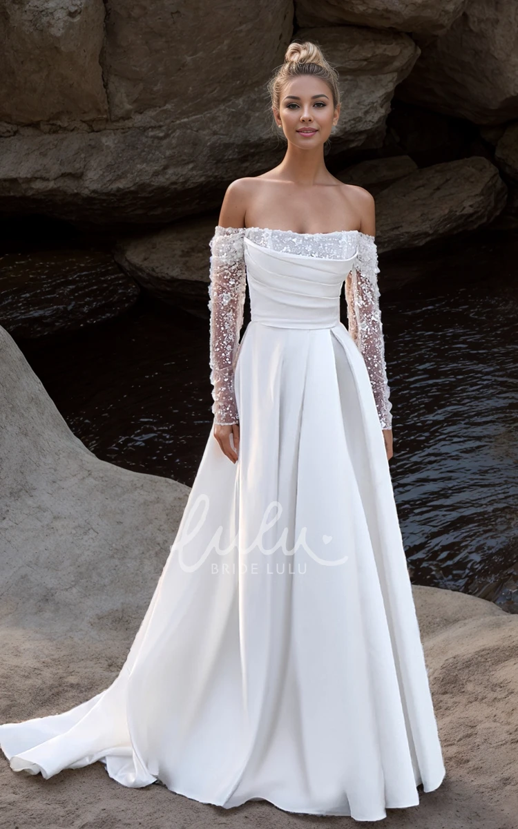 Romantic Modest A-Line Long Sleeve Ball Gown Wedding Dress Modern Princess Off-Shoulder Illusion Sequined Satin Bridal Gown