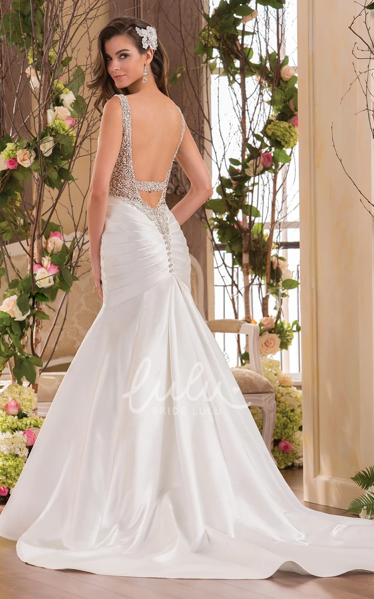 Jeweled Sleeveless Mermaid Wedding Dress with V-Neck and Ruching