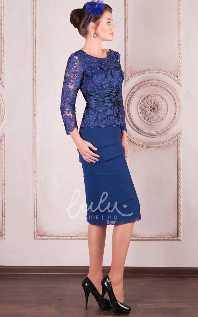 Appliqued Knee-Length Mother of the Bride Dress with Long Sleeves and Scoop Neck