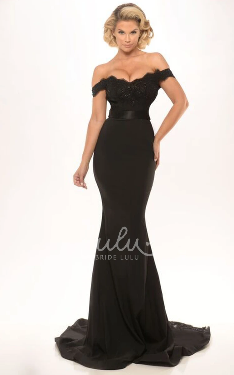 Lace Appliqued Off-Shoulder Trumpet Prom Dress in Jersey Fabric with Backless Style
