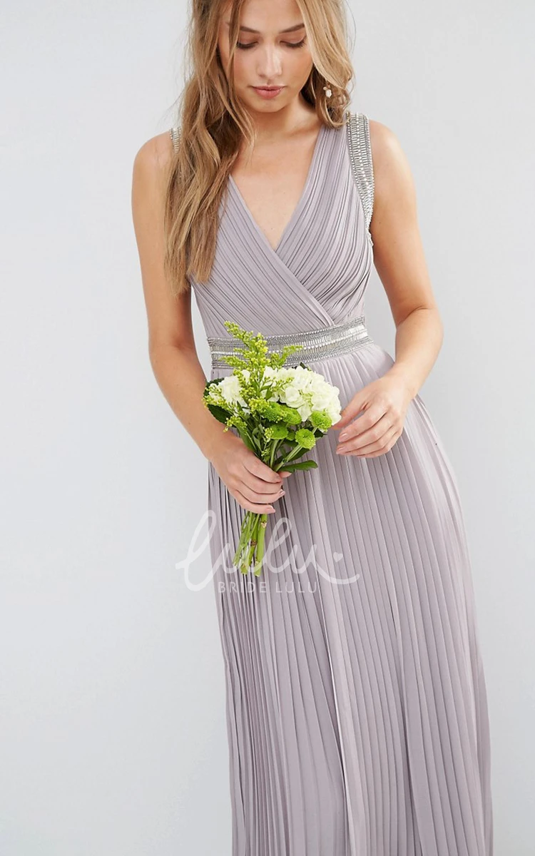 Ruched V-Neck Chiffon Bridesmaid Dress with Beading Ankle-Length