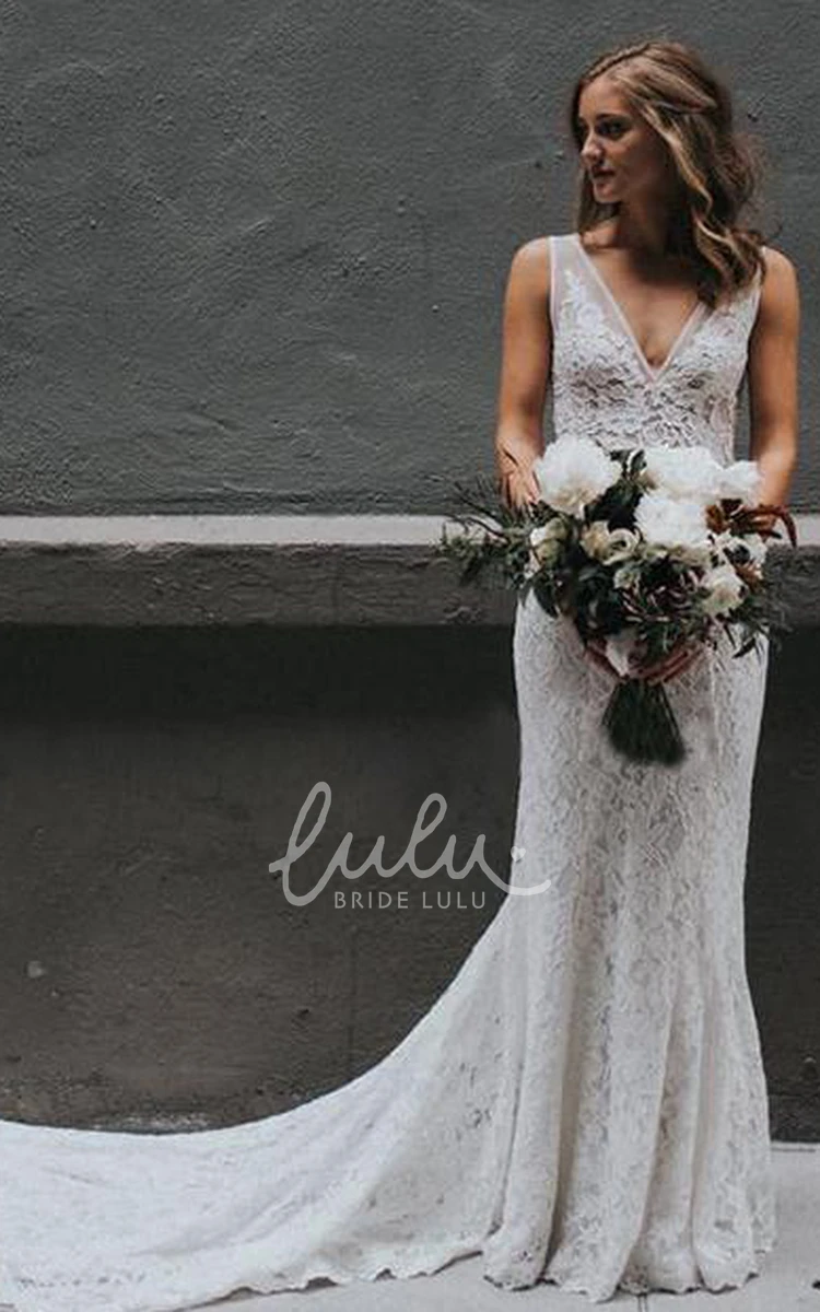 Bohemian V-neck Lace Sheath Wedding Dress with Chapel Train Romantic & Boho