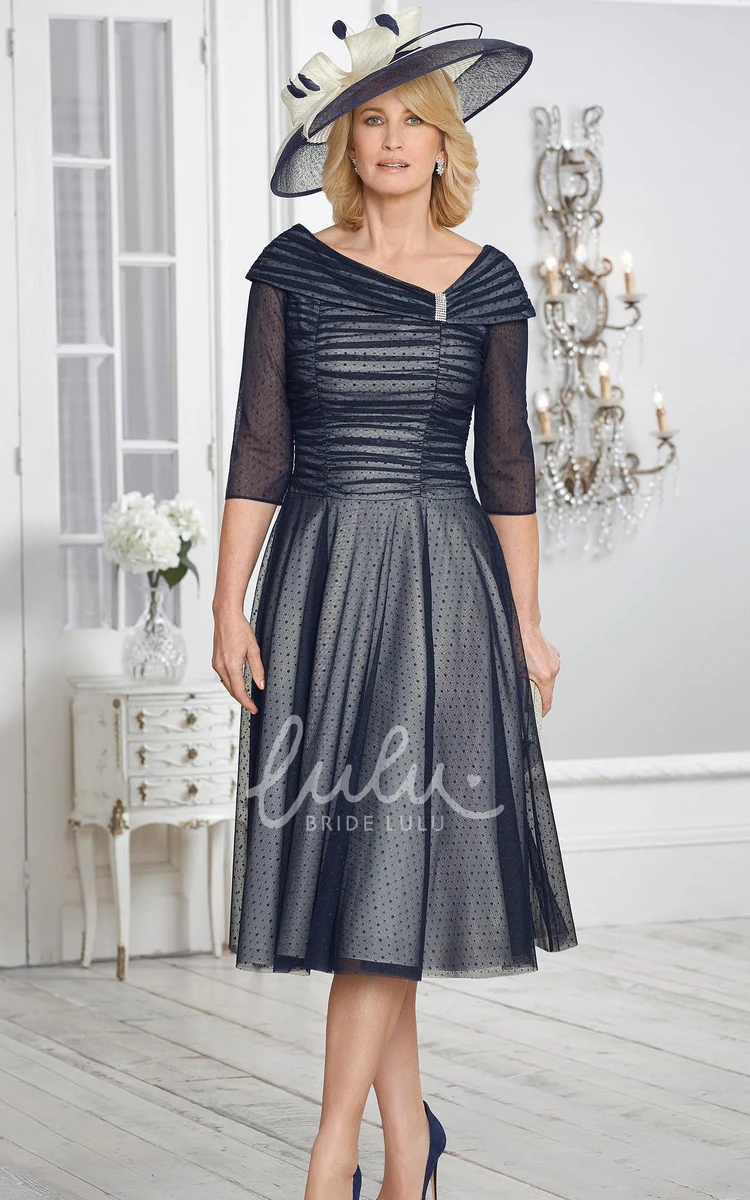 Knee-length Tulle A Line Mother of the Bride Dress with Ruching Simple Half Sleeve