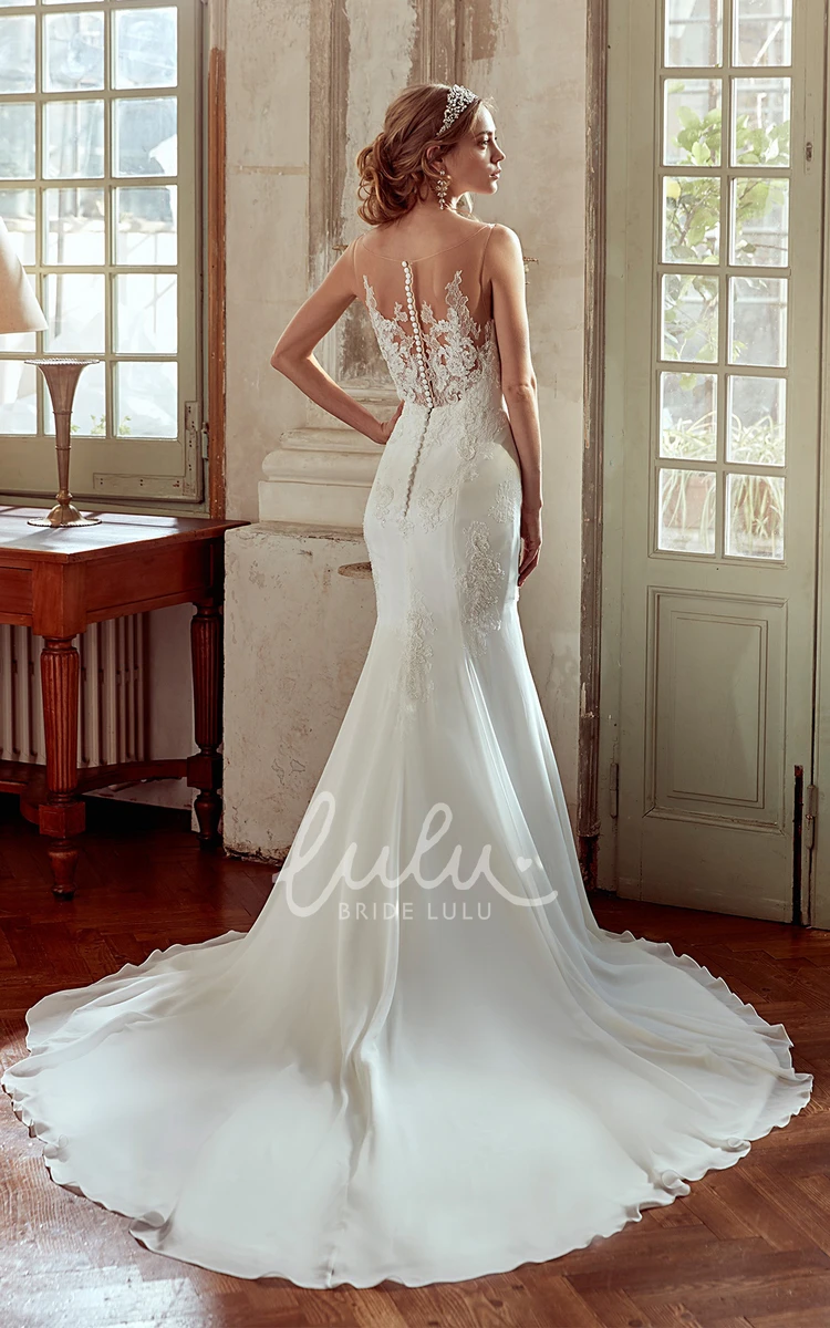 Illusive Neckline Sheath Wedding Dress with Lace Appliques Unique Bridal Gown